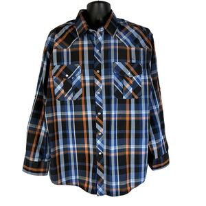 Coevals Club Mens Button Up Shirt Blue‎ Orange Plaid Size XL Western Long Sleeve